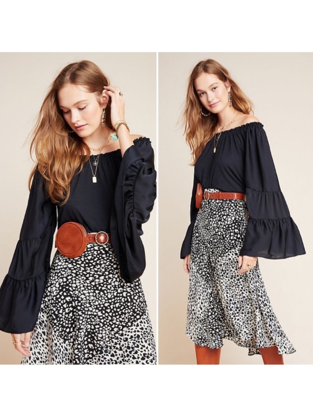 Anthropologie Black Off-Shoulder Tiered Bell Sleeve Blouse